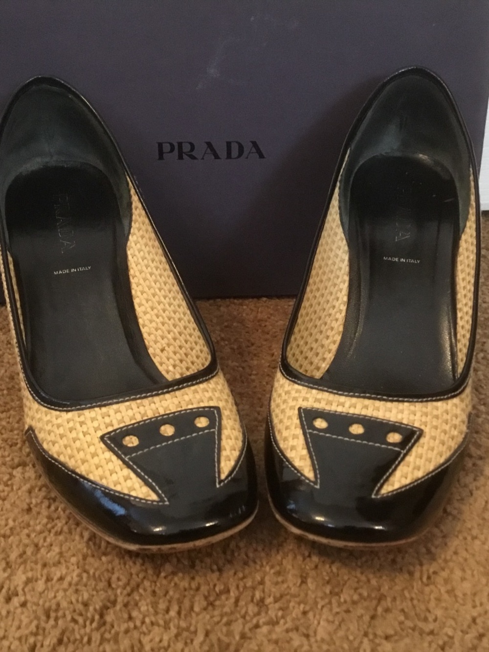 Prada Woven Raffia High Heels Cap Toe Patent Leather Heels (Size 8 1/2)